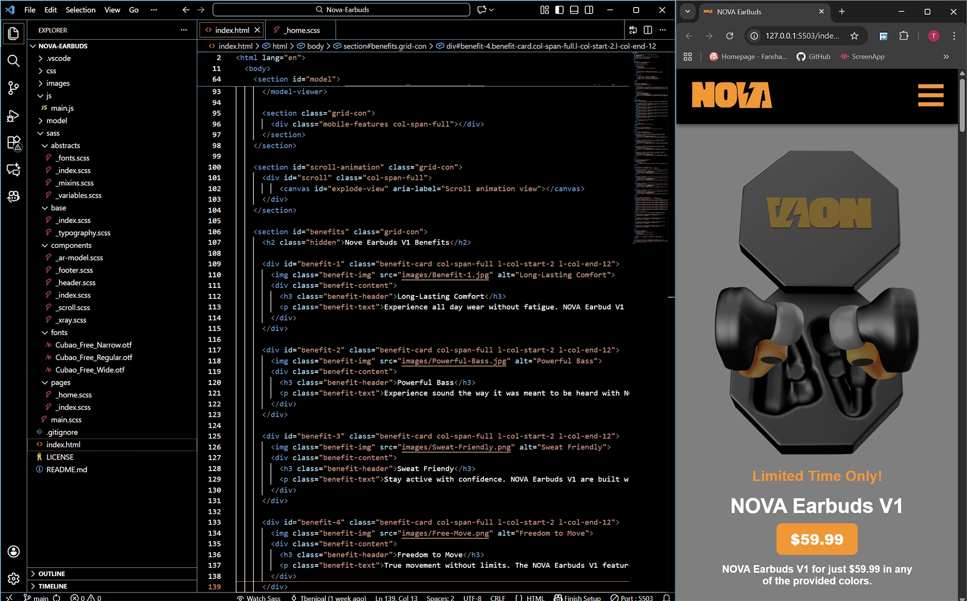 Nova Earbuds website - Code and development process