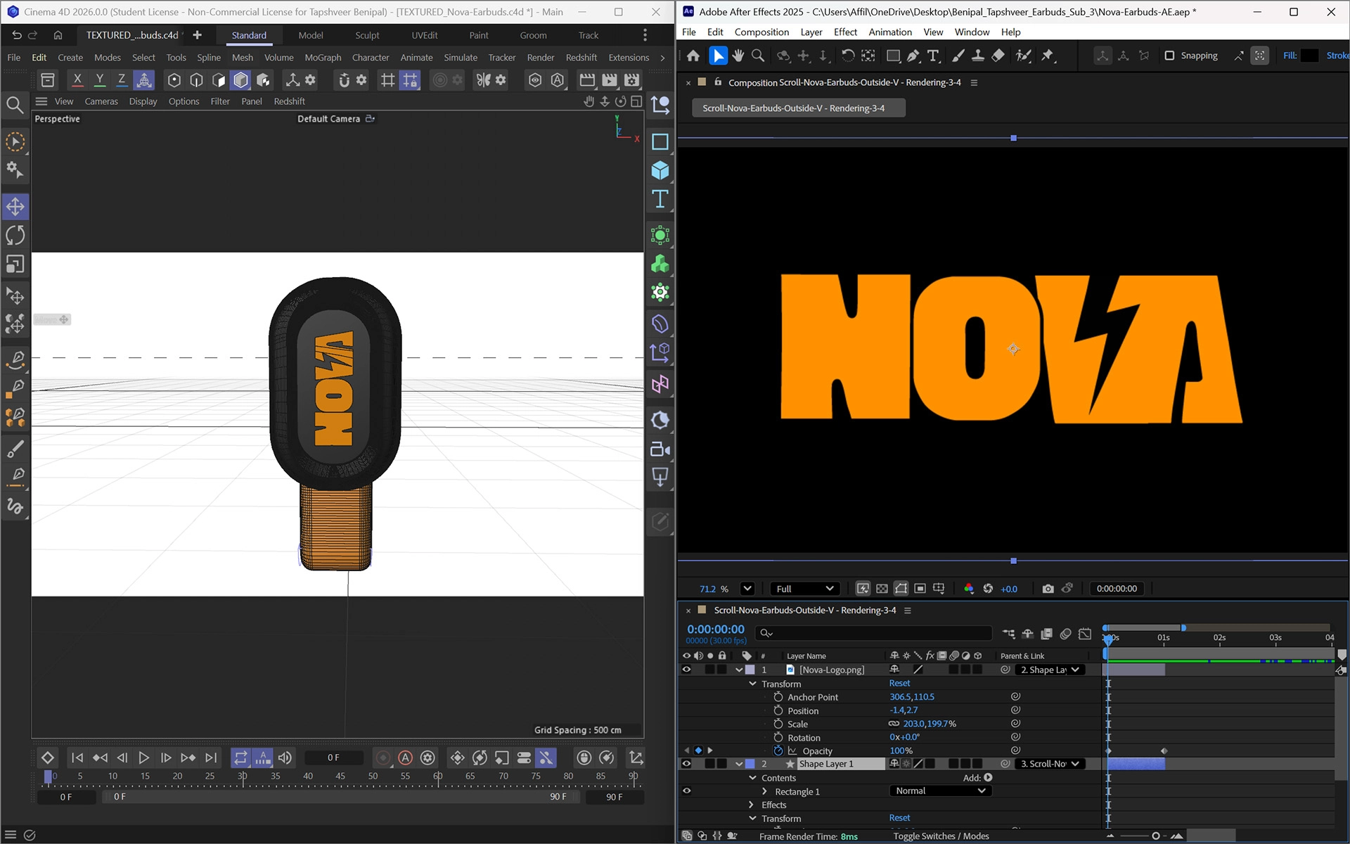 Nova Earbuds - 3D modeling, texturing and motion graphics